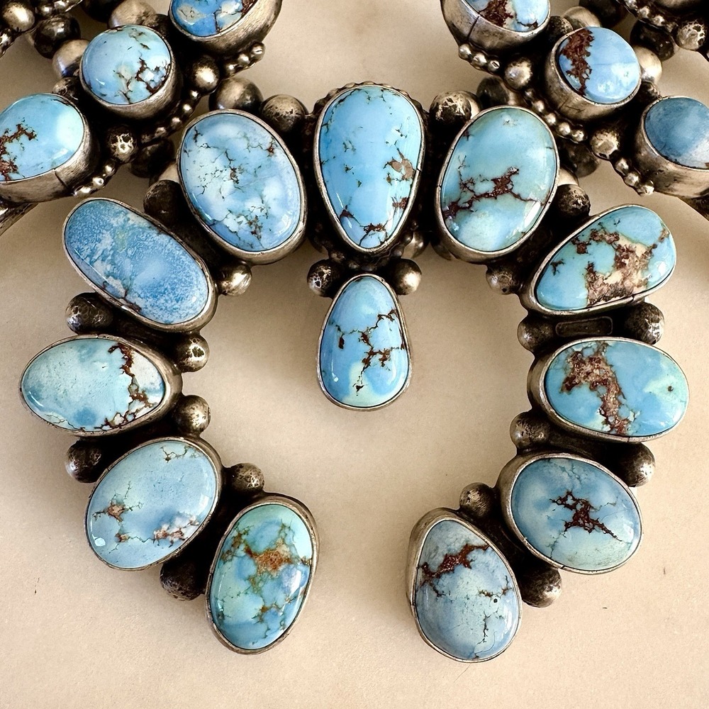 Navajo Squash Blossom Necklace Golden Hills Turquoise Signed Skeets Sterling - Picture 3 of 15